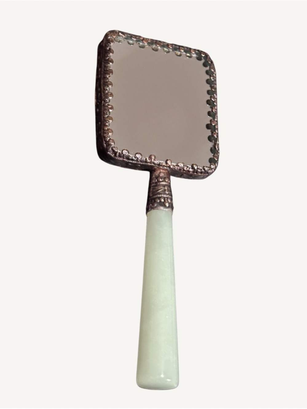 Authentic Jade & Hand Painted Porcelain Hand Mirror w/ Ornate Silver Metalwork - Picture 2 of 6